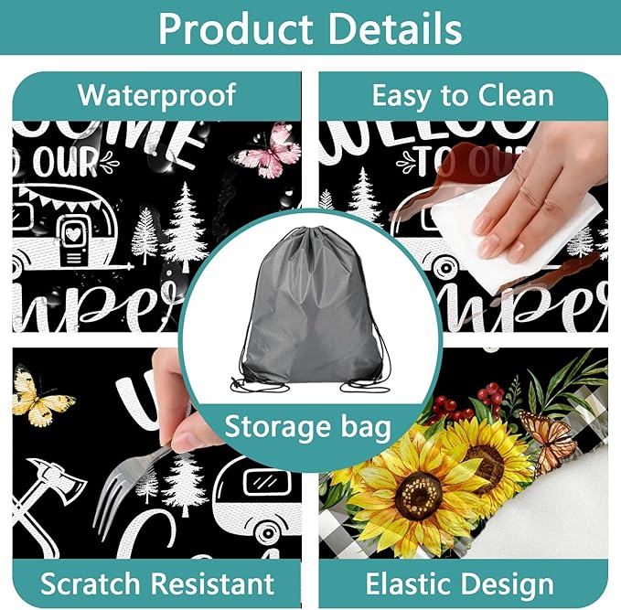 Sunflower Plaid Picnic Table Cover with Bench Covers and Bag, Camping Essentials, Checkered Floral Waterproof Windproof, Fitted Tablecloth Cover with Elastic Edge, Garden & Outdoor, 3 PCS, 30x60 Inch