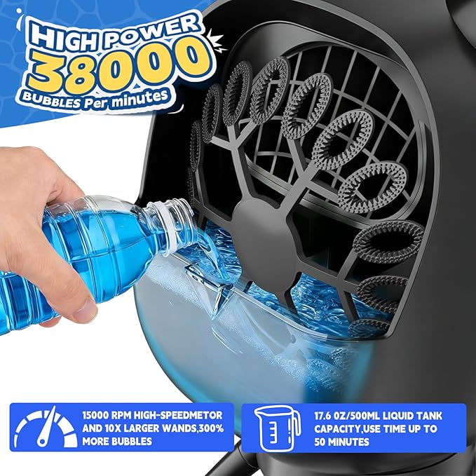 Upgraded Bubble Machine with 180°/90°Auto Rotation &1800mAh Rechargeable Battery2Hrs Playtime 500ml Large Tank Dual Speed Control & USB-C Charging Bubble Toys for Indoor Outdoor Birthday Party