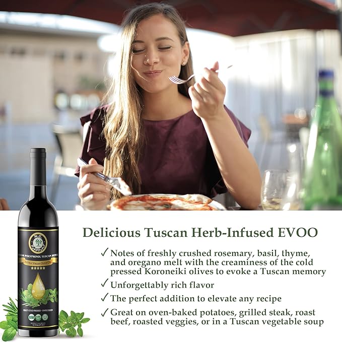 M.G. Pappas High Polyphenol Tuscan Herb Infused Olive Oil Extra Virgin - Over 500mg/kg - Unfiltered First Cold Pressed Greek Evoo - Award Winning