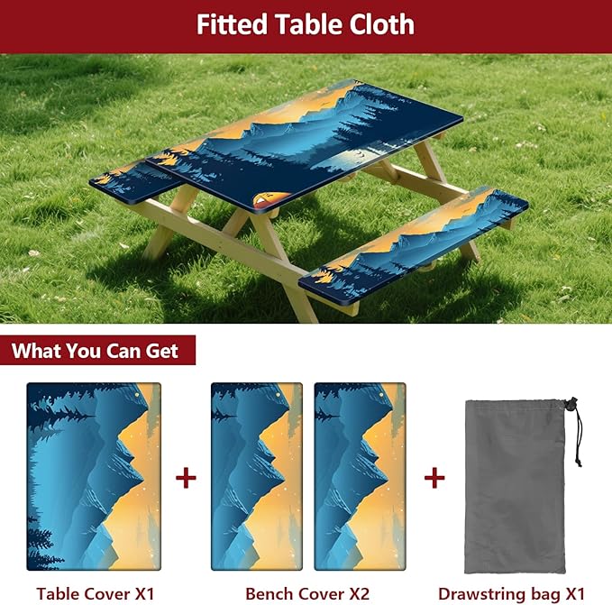 Picnic Table Cover with Bench Covers 6FT 3PCS, Camping Essentials Waterproof Windproof Tablecloth with Drawstring Bag, Fitted Rectangle Tables and Seats, 72", Lakeside Ember