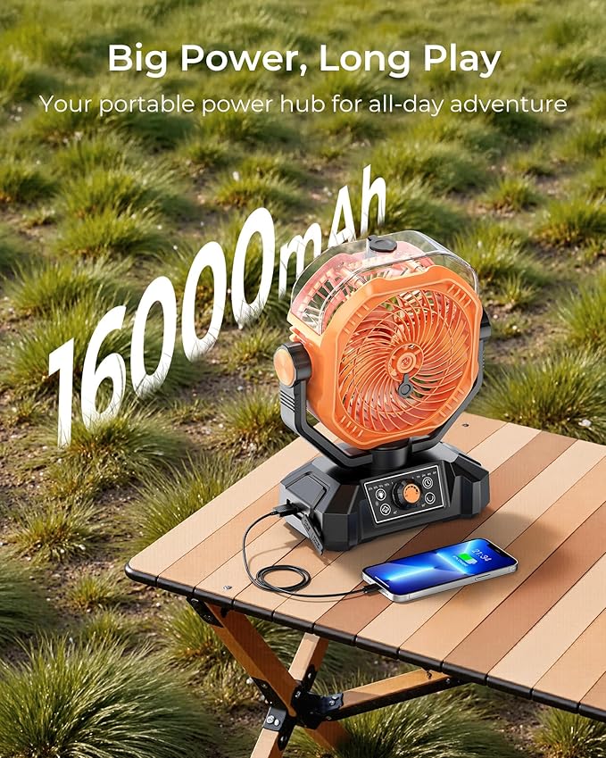 Portable Camping Fan, Misting Desk Fan with Remote, 360ML Water Tank, 16000mAh, 5 Speeds, Timer, 18-70 Working Hours, Battery Operated Fan for RV Camp Hurricane Emergency Orange