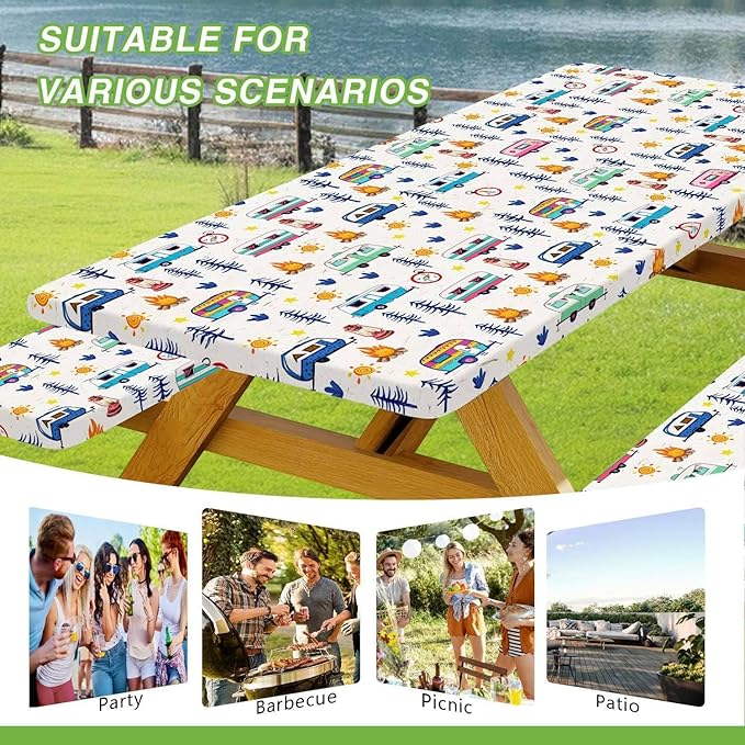 Camping Picnic Table Cover with Bench Covers, Wooden Camper RV Camping Tablecloth Fitted Picnic Table Covers for Indoor Family Garden Outdoor Party Decorations, 3 Pieces Set, 30X72in