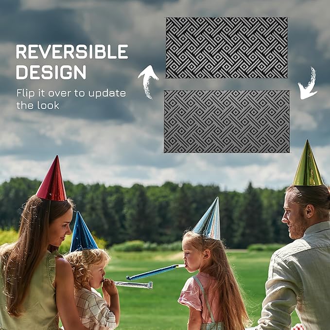 Outsunny Outdoor Rug for Patio, 9' x 18' Waterproof Large Mat, Reversible Plastic Straw Rug for Decor, Portable Outside RV Camping Area Carpet Mat for Backyard Porch Deck Picnic, Black Gray Geometric