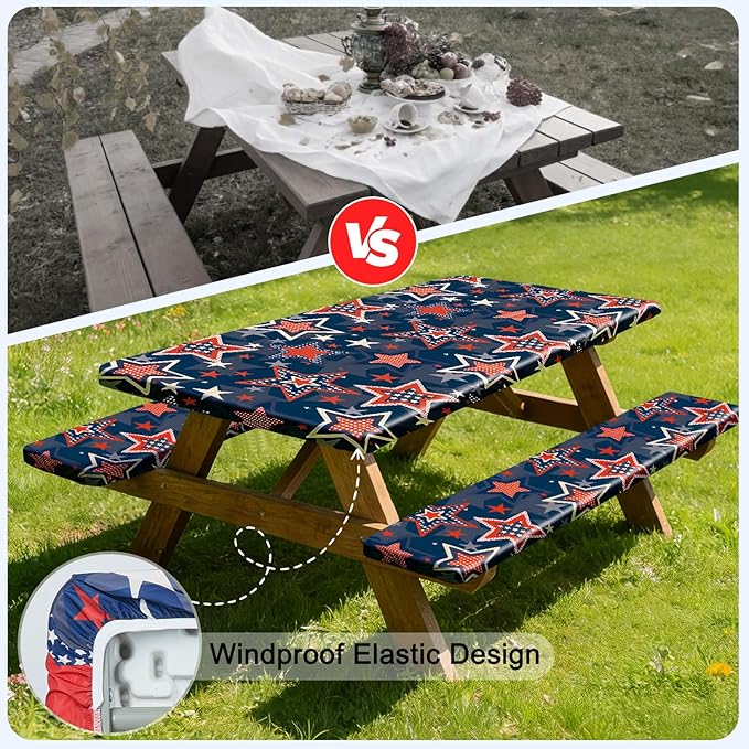 Picnic Table Cover with Bench Covers Windproof Waterproof Picnic Table Covers Camping Tablecloth with Self-Storage Bag, 72in, Starry Navy