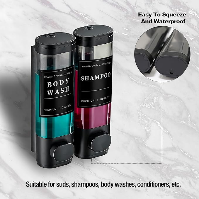 CeeVian Shampoo Dispenser Soap Dispenser 2 Chamber No Drill Wall-Mounted Shampoo Dispenser for Shower Wall Mounted Shower Soap Dispenser for Bathroom Hotel Black,2 * 300ML (Black)