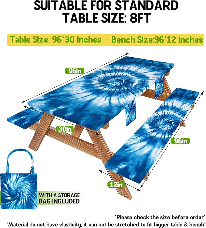 Picnic Table Cover with Bench Covers Camping Essentials Windproof Waterproof Patio Outdoor Tablecloth with Storage Bag, Fitted Rectangle Tables and Seats Tablecover for Rv Owner Camper 96in
