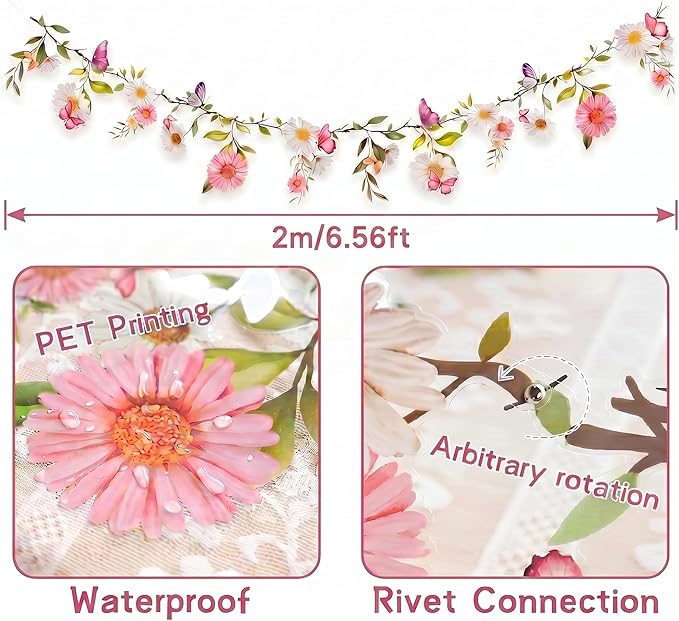 Wildflower Garland Banner,13Ft Pre-Strung Watercolor Floral Bunting, Laminated Fairy Woodland Enchanted Garden Party Decorations for Girls Birthday, Baby Shower & Spring Picnic