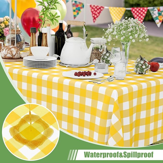 Smiry 10 Pack Yellow Gingham Disposable Tablecloths - 54" x 108" Heavy Duty Plastic Table Cloth, Waterproof Buffalo Plaid Table Covers for Picnic, Banquets, Outdoor Parties