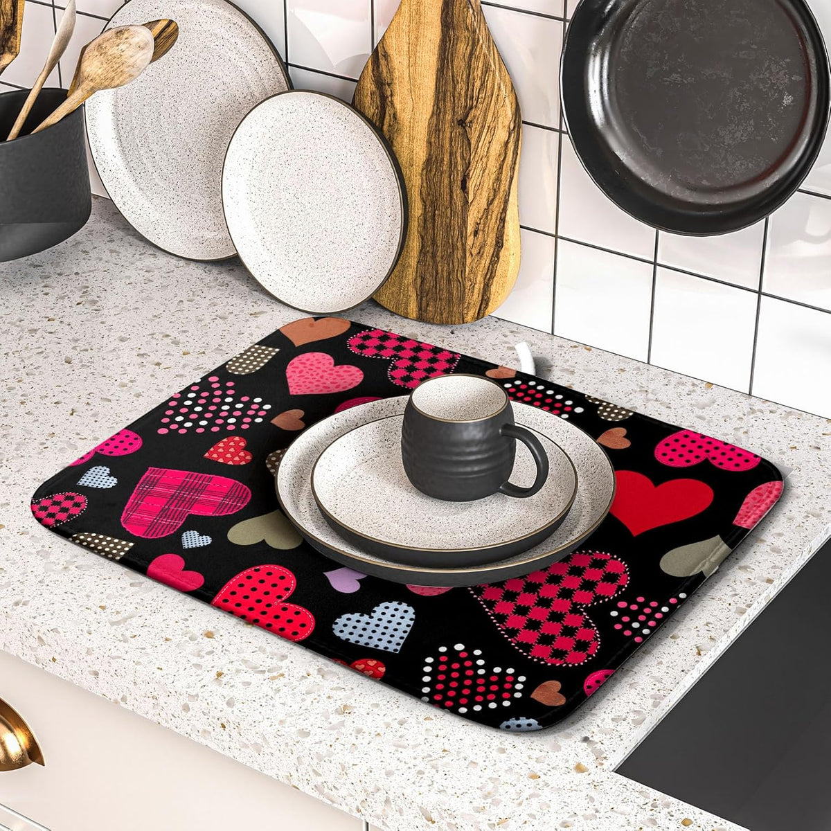 Happy Valentine's Day Black Dish Drying Mat for Kitchen Counter,Pink Love Heart Drying Mat 16 x 18 Inch with High Absorbent Microfiber Drainer Mat