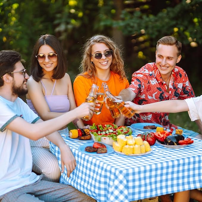 12Pack Light Blue and White Plastic Checkered Tablecloth, Premium Decorative Disposable Light Blue Gingham Plaid Tablecloth for Party, Rectangle Party Table Cover for Picnic Farm Birthday, 54x108 Inch