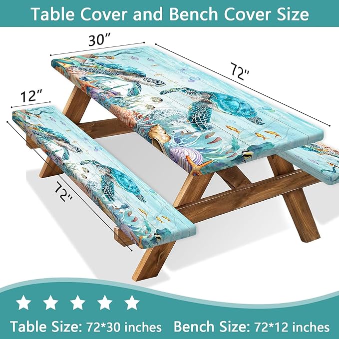 Ocean Sea Turtles Picnic Table Cover with Bench Covers and Bag, Camping Essentials, Waterproof Windproof, Fitted Tablecloth Cover with Elastic Edge, for Indoor & Outdoor, Garden, 3 PCS, 30x72 Inch