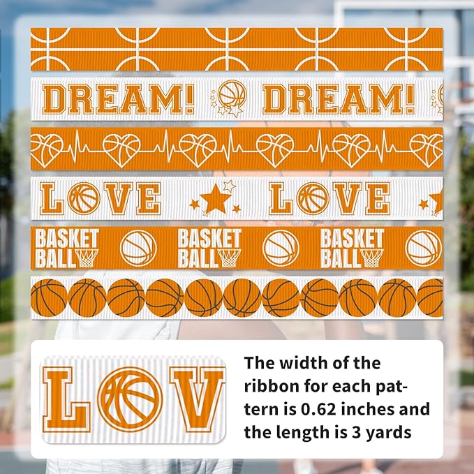 Basketball Ribbon, 6 Pack (5/8 Inch x 3 Yards Each), Grosgrain Sports Ribbons for Team Spirit, Party Decoration, DIY Hair Bows, School Events & Gift Wrapping