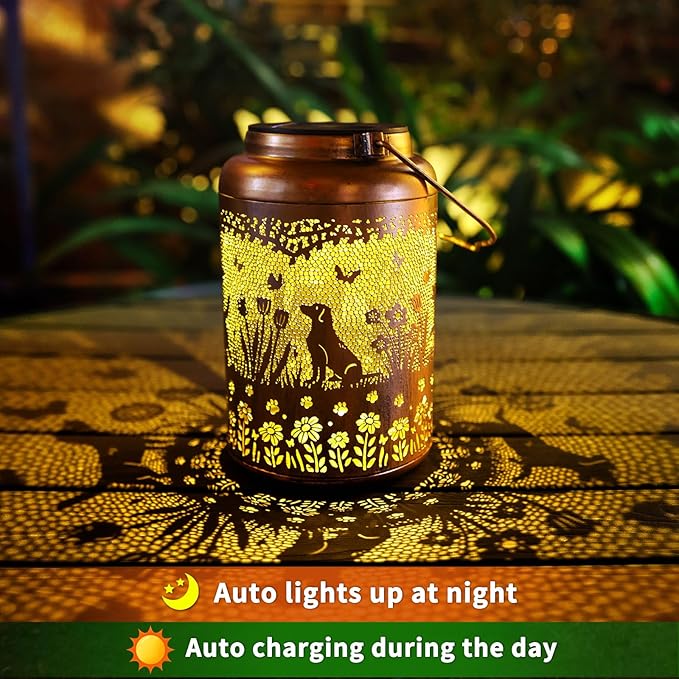 Dog Solar Lanterns Outdoor Waterproof Garden Decor Solar Lights Gifts for Women Men Mom Hanging Lantern LED Light Metal Dog Decoration Outside for Yard,Lawn,Porch,Patio,Tabletop