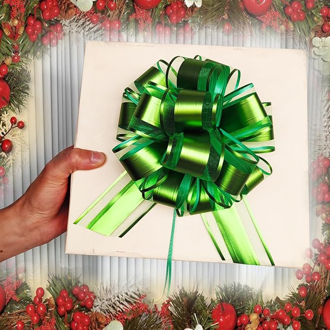Bows for Gift Wrapping, Pull Bows, Gift Bows for Christmas, Wedding, Birthday, Baskets Decoration, 6 Inches, 6-Pack (Green)