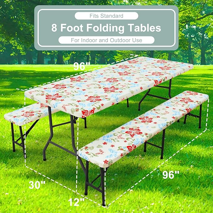 misaya Picnic Table Cover with Bench Cover, Waterproof Elastic Fitted Tablecloth for 8 Foot Tables, Rectangle Washable Polyester Fabric Tablecloths for Picnic, Camping, Outdoor (Butterfly, 30" x 96")
