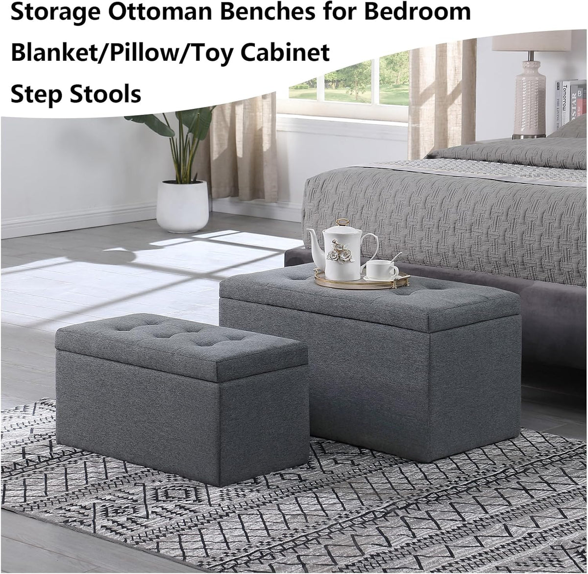 Storage Ottoman Bench with 2.56-inch Thick Seat, 31.5 inch Nesting Ottoman Set of 2, Hinged Flip Top Bench with Storage for Living Room, Bedroom, Grey