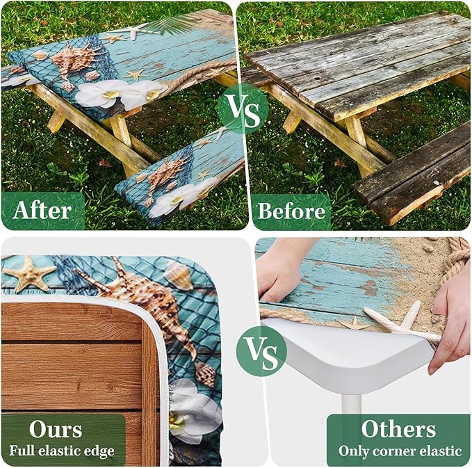 Picnic Table Cover with Bench Covers Elastic Edges, Beach Ocean Fitted Table Cover, Outdoor Patio Camping Essentials 72 Inch 3PCS, Waterproof Camping Fitted Tablecloth with Drawstring Bag
