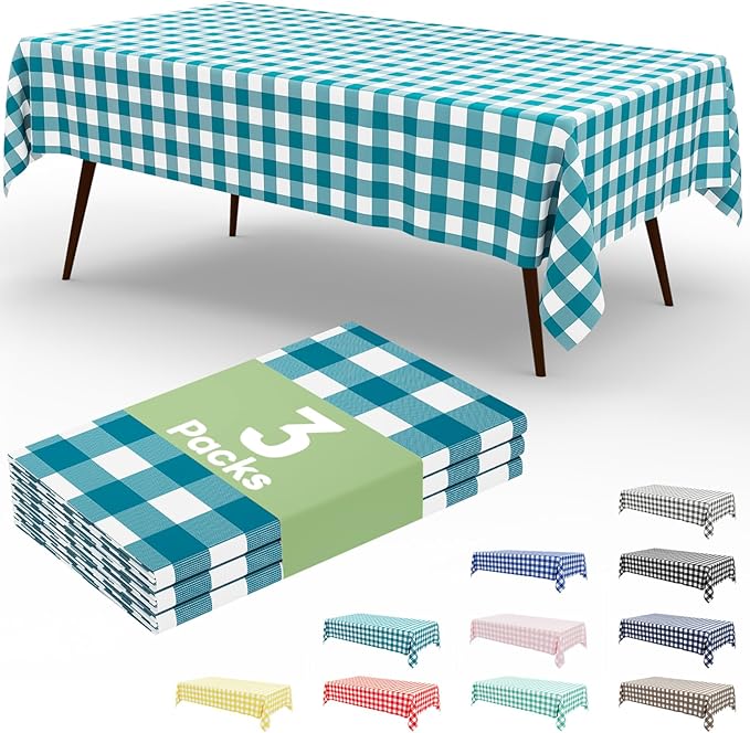 Smiry 3 Pack Turquoise Gingham Disposable Tablecloths - 54" x 108" Heavy Duty Plastic Table Cloth, Waterproof Buffalo Plaid Table Covers for Picnic, Banquets, Outdoor Parties