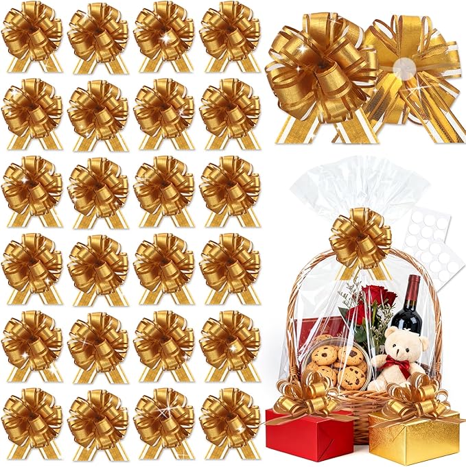 24pcs Gold Pull Bow for Gift Basket Wrapping Xmas Gift Bows Presents Adhesive Wrap Ribbon Bow for Christmas Tree Ornament Wine Bottles Bouquet Flower Valentine's Day Party Decor (Gold-G)