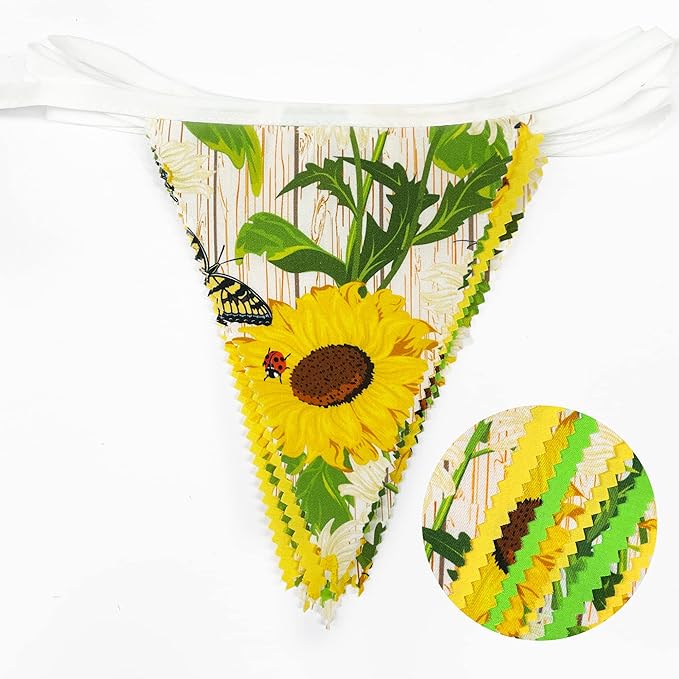 32Ft Yellow Green Pennant Banner Fabric Sunflower Butterfly Triangle Flag Bunting Garland for Spring Summer Party Decorations Birthday Wedding Baby Shower Tea Party Outdoor Garden Hanging Decorations