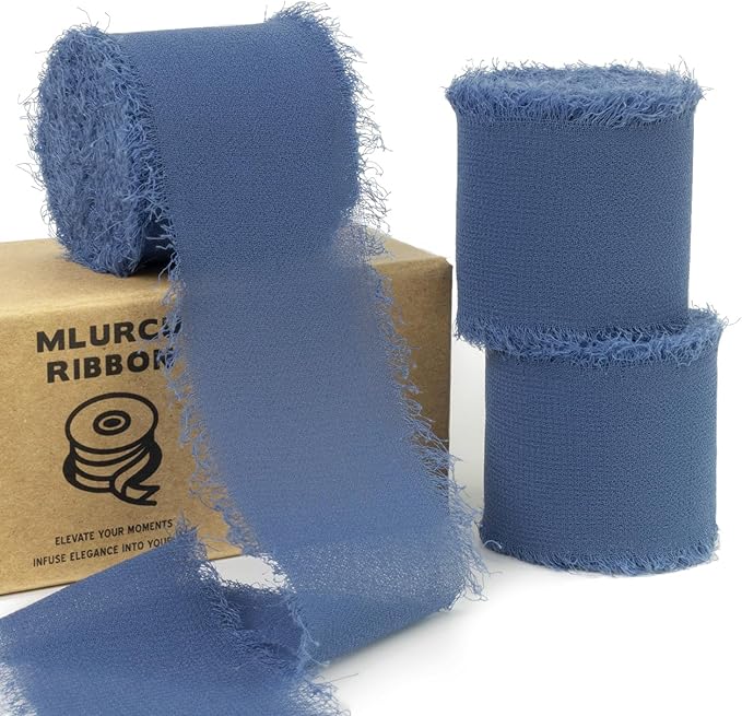 Slate Blue Chiffon Ribbon - 1-1/2 Inch x 21 Yards, Handmade Fringe, Silk, Boho Frayed, Dark Blue, Gift Wrapping, Wedding Invitation, Bridal Flower Bouquets
