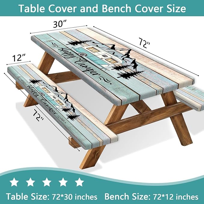 Happy Campers Picnic Table Cover with Bench Covers, RV Camping Tablecloth Fitted Picnic Table Covers, Country Wooden for Rectangle Tables Family Garden Outdoor Party Decorations, 30X72in