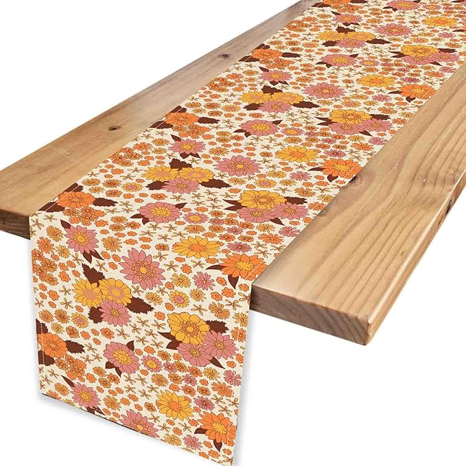 Groovy Floral Table Runner, Retro 70s Hippie Floral Funky Orange Floral Trippy Coffee Table Center Decor for Home Kitchen Dining Patio Holiday Party Indoor Outdoor Table Decorations, 13"x72" Inch