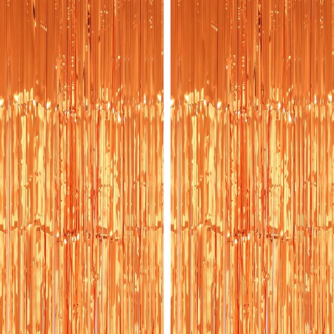 PIGETALE 2 Pack 3.2x8.2 Feet Orange Foil Fringe Backdrop Curtains, Metallic Tinsel Photo Booth Backdrop Streamers Birthday Party Decorations, Halloween Baby Shower Disco Basketball Party Supplies