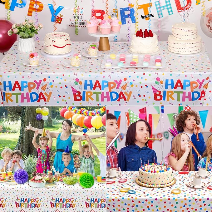 NatNarr 3 Pack Plastic Birthday Tablecloth, 54 x 108 Inch Disposable PE Happy Birthday Tablecloth Waterproof Rectangle Birthdays Party Table Cover for Birthdays Party Decorations