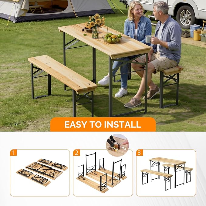 VINGLI 45 Inch Folding Picnic Tables with Benches Set, Weather-Resistant Wooden Beer Garden Table Bench, 3-Piece Portable Fold Up Camping BBQ Table,Natural Wood Color