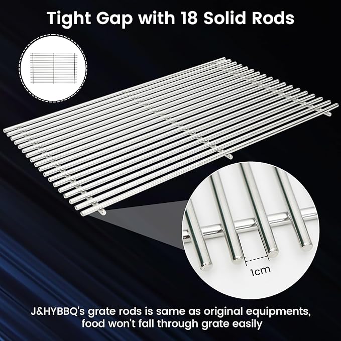 J&HYBBQ 19.5" Stainless Steel Grill Grates Replacement for Weber Genesis 300 Series Grills (2007-2016) - 18 Solid Rods, 7MM Thick, Non-Stick & Rust-Resistant Cooking Grates