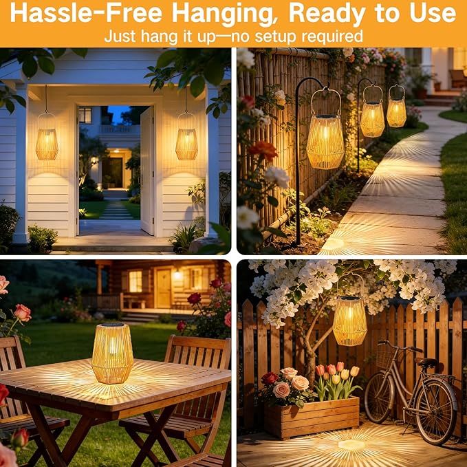 2 Pack Solar Lanterns Outdoor Waterproof, Hanging Rattan Woven Solar Lights with Auto On/Off, Decorative Gifts for Garden, Yard, Patio, Tree, Porch, Lawn, Pathway, Outside Tabletop Decor