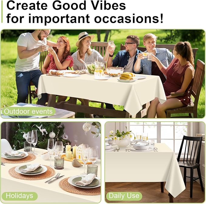 QIKSION Ivory Plastic Table Cloth Disposable 12 Pack, 54 x 108 Inch Beige Tablecloths for Party, Baby Shower, Harvest, Fall, Thanksgiving Decorations, Cream Rectangle Table Cover