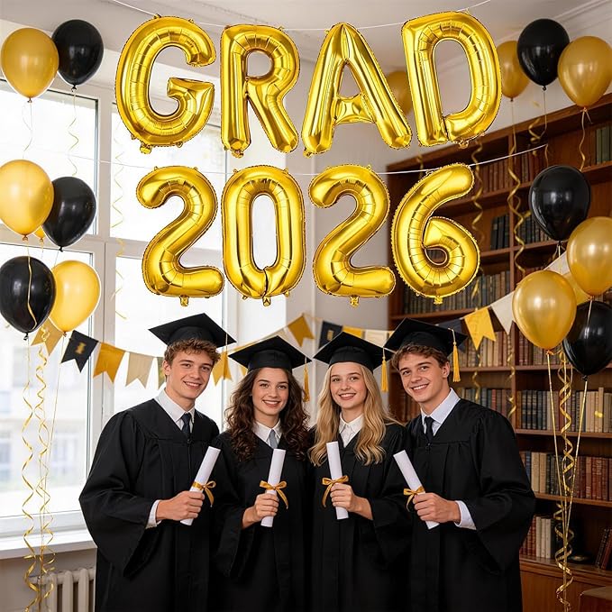 Gold Grad 2026 Balloons, 2026 Graduation Decorations Set Congrats Grad Foil Balloons Banner Sign for Class of 2026 Graduation Decorations College High School Prom Party Backdrop Supplies