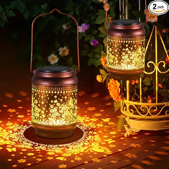 KOOPER 2 Pack Solar Lanterns Outdoor Waterproof Mothers Day Gifts for Women Mom Grandma, Metal Butterfly and Rose Hanging Solar Lantern Outdoor, 2 Modes Outdoor Decoration for Yard, Patio, Garden