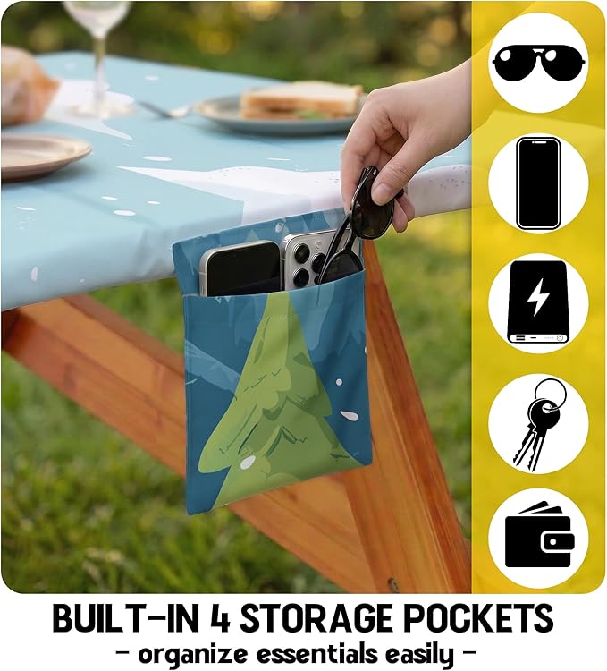 Picnic Table Cover with Bench Covers Waterproof Vinyl Elastic Rectangle Fitted Table Cloth Camping Lovers Essentials Rv Car Travel Overlanding Outdoor Roadtrip Road Trip Men Women Camper Gifts 8 Foot