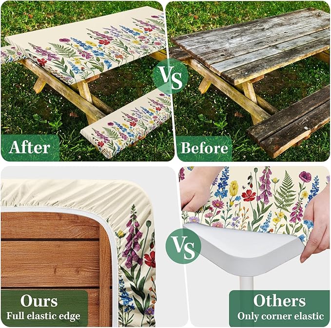 Picnic Table Cover with Bench Covers Elastic Edges, Cottagecore Camper Fitted Table Cover, Outdoor Camping Essentials 72 Inch 3PCS, Waterproof Camping Fitted Tablecloth with Drawstring Bag