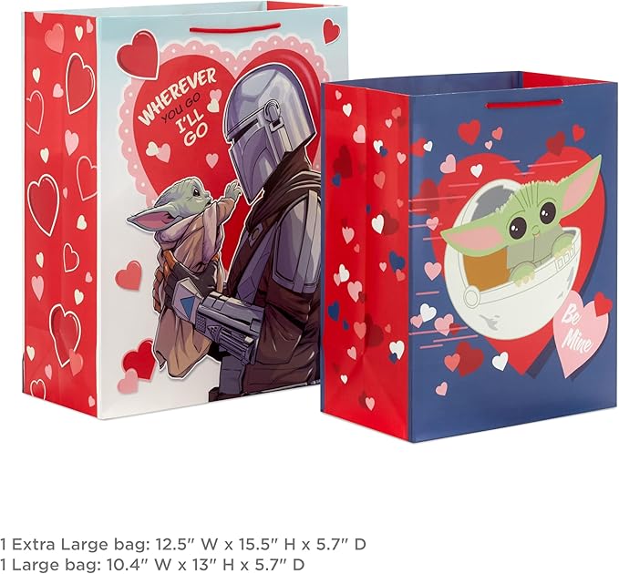 Hallmark Star Wars The Mandalorian Valentine's Day Gift Bag Set (2 Bags: 1 Large 13", 1 Extra Large 15") Grogu, Baby Yoda, for Kids, Husbands, Fans, May the 4th