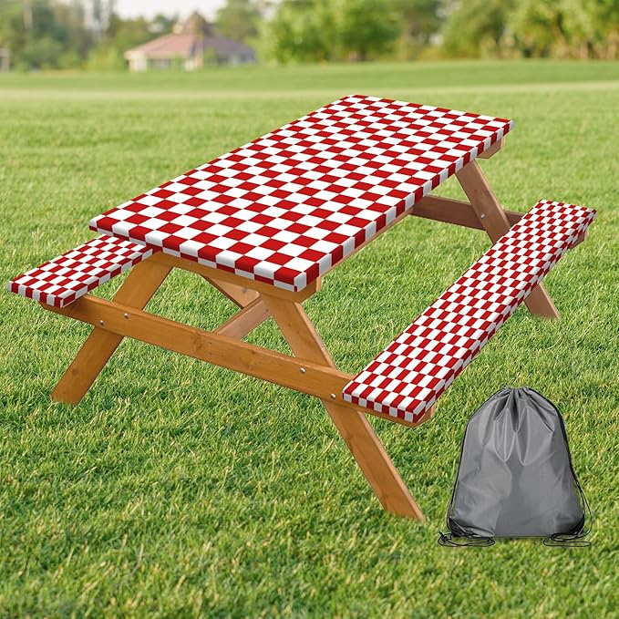 Picnic Table Cover with Bench Covers and Bag, Red and White Checkered Gingham Buffalo Plaid Camping Tablecloth Waterproof Windproof Elastic Edges Fitted Tablecloths for Outdoor Garden 3PCS 30x72 Inch
