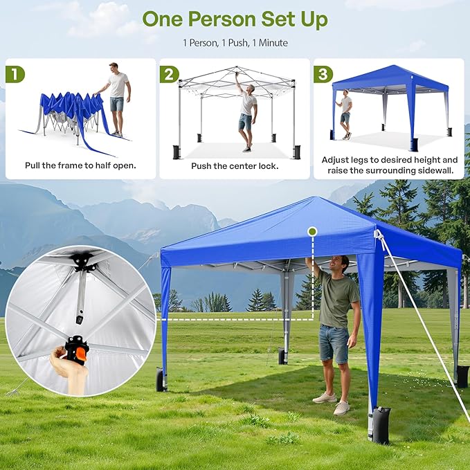 10x10 Pop Up Canopy with Sidewalls, Instant Portable Canopy Tent with Carry Bag for Commercial Events, Camping, Parties - Blue