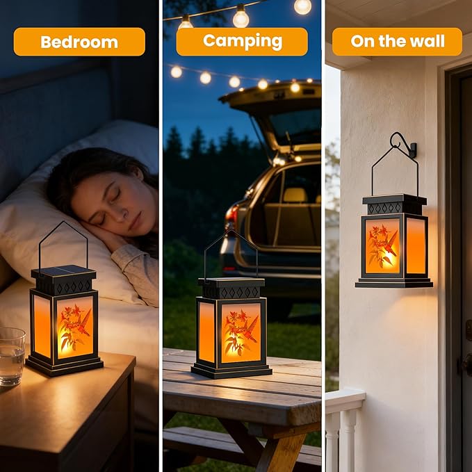 2 Pack Farmhouse Solar Lanterns ,Flame Glass Solar Lanterns ,Outdoor Waterproof Upgraded Solar and 2 AA Batteries Powered, for Mantelpiece,Outside Porch, Patio and Indoor Tables.