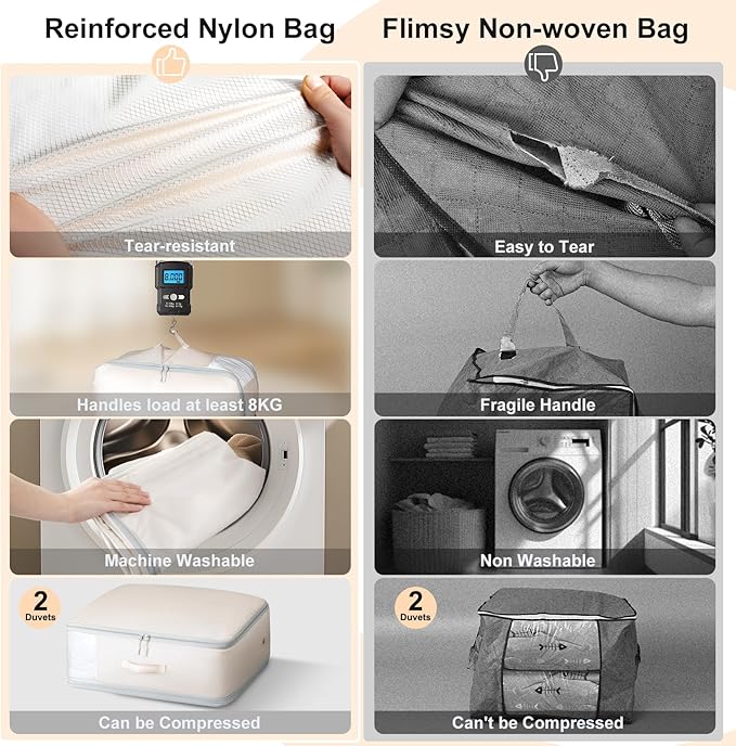 DIMJ Comforter Storage Bag - Large Capacity Ultra Space Saving Self Compression Organize for Duvet, Pillow, Bedding, Blanket Storage Organizer Nylon Compression Bags, Sheet Storage, Beige, 4 Pack