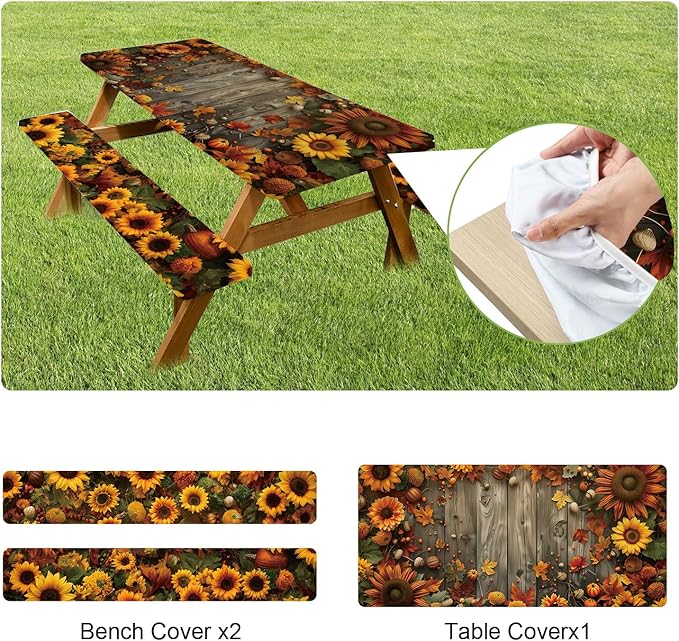 ANNA QUEEN 6FT Sunflower Picnic Table Cover Set 3PCS 72"x30", Waterproof Outdoor Bench and Tablecloth Furniture Protection for Camping Beach BBQ Patio Backyard (Sunflower Farm)
