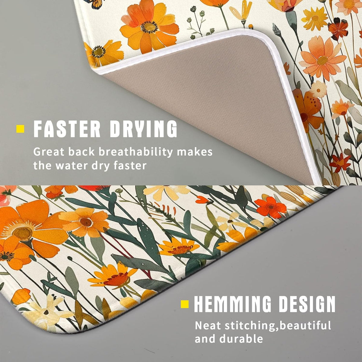 Fall Orange Wildflower Dish Drying Mat for Kitchen Counter,Autumn Floral Butterflies Drying Mat 16 x 18 Inch with Absorbent Reversible Microfiber
