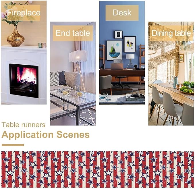 4th of July Table Runner, Vintage American Independence Day Stripes and Stars Patriotic Table Center Decor for Home Kitchen Dining Party Outdoor Holiday 13x108in