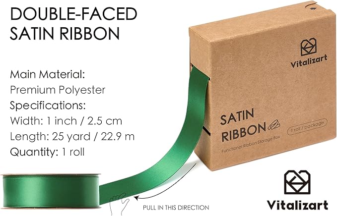 Vitalizart Green Ribbon for Gift Wrapping 1" x 25Yd Double Face Continuous Functional Satin Ribbon for Crafts Silk Like Fabric Flower Bouquet Birthday Party Decorations Bridal Shower Wreath Hair