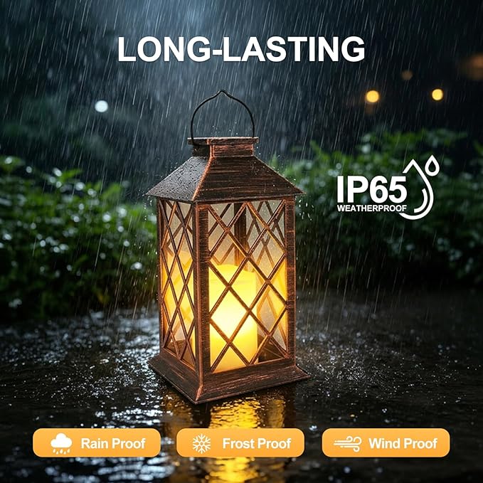Solar Lanterns Outdoor Waterproof - 2 Pack 14" Large Hanging Solar Lantern with Glass Flickering Flame, IP65 Weatherproof Decorative Lanterns for Garden, Patio, Yard, Porch, Balcony, Gifts Mom Wife