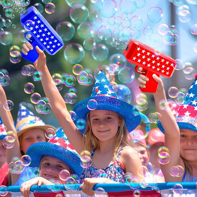 iGeekid 2 Pack Bubbles Guns Toys 4th of July Party Favors, 4th of July Accessories Patriotic Bubbles Makers with 4 Bubble Solutions & Star for Kids Independence Day 250th Anniversary Party Decorations