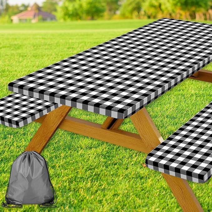 Picnic Table Cover with Bench Covers, Black and White Checkered Waterproof and Windproof, Fitted Tablecloth Cover with Elastic Edge, for Outdoor, Garden, Camping, 3 Pieces Set, 30x96 Inch