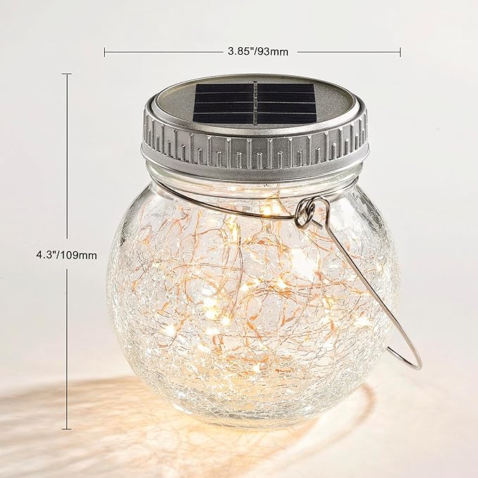 Cooo 12 Pack Crackle Glass Solar Lantern with 30 LED Firefly Lights– Waterproof Outdoor Hanging Lamp 215% Larger Solar Panel, Anti-Rust Lids Decorative Lighting for Garden Patio Table